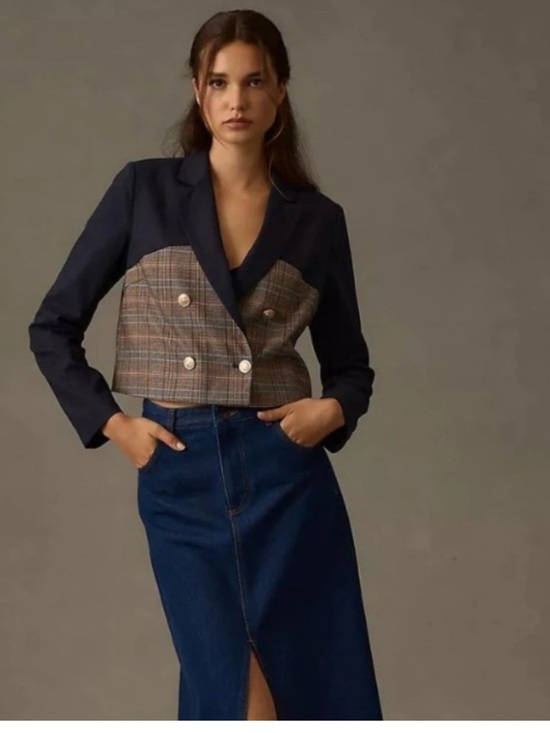 Jason Wu Jackets & Blazers - Jason Wu Mixed Media Cropped Navy Plaid Blazer Jacket Medium